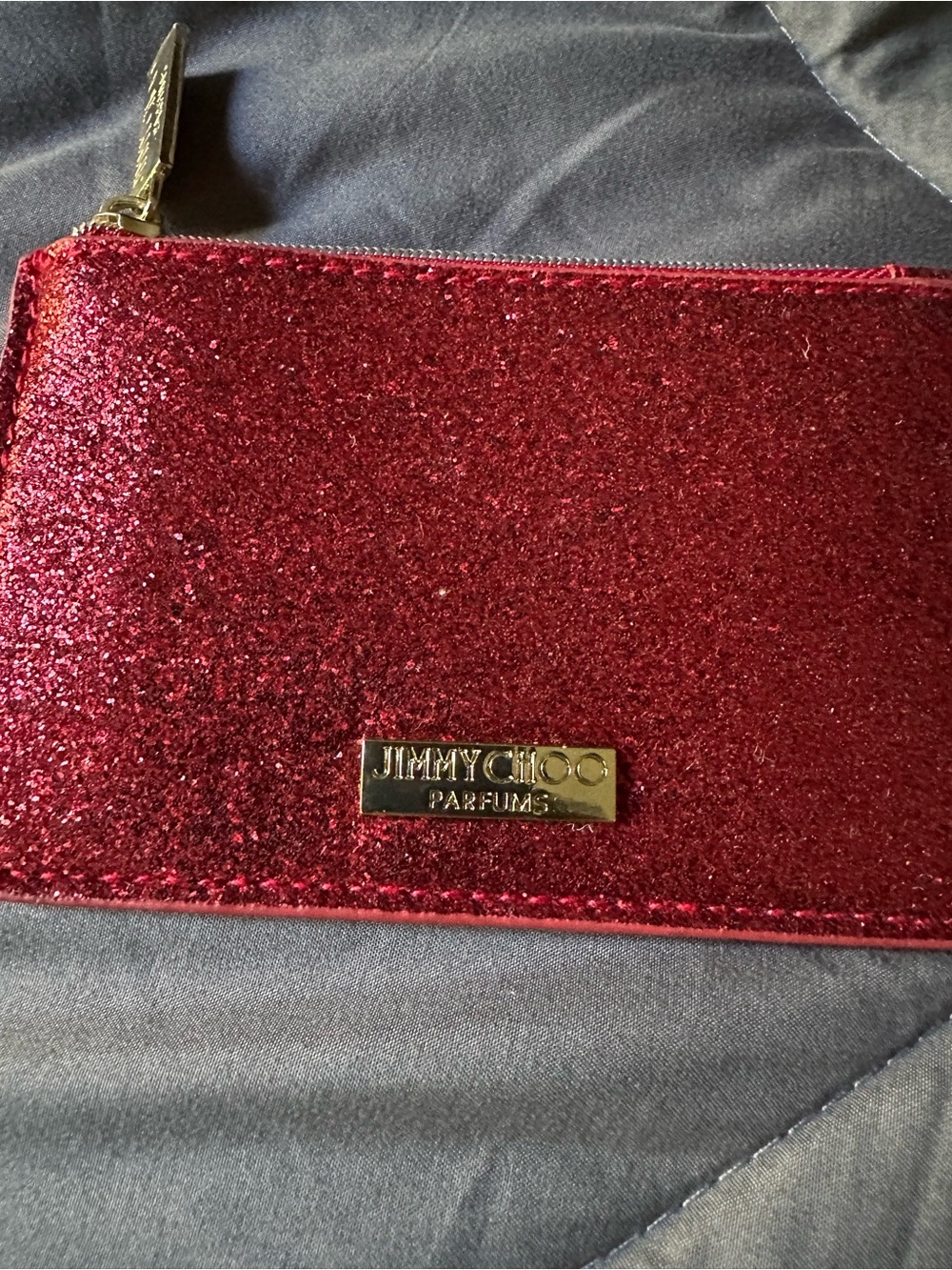Jimmy Choo Glitter Cosmetic Pouch in Deep Red with Gold Plaque
